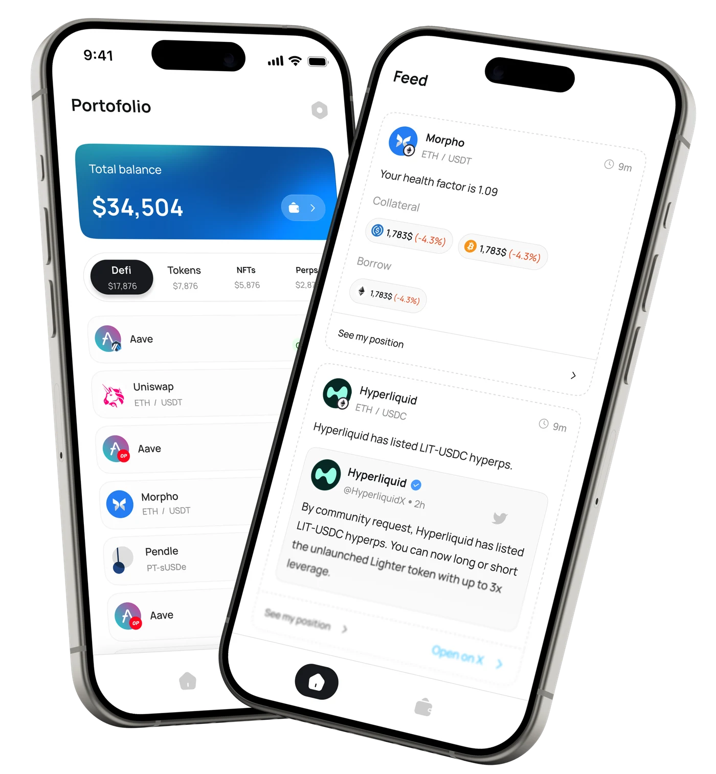 Otomato mobile app showing real-time alerts for Aave, Morpho, Uniswap, Hyperliquid and Polymarket positions